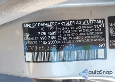 2002 Mercedes-Benz E 320 Special Edition from USA, damaged, VIN WDBJF65J32B471931